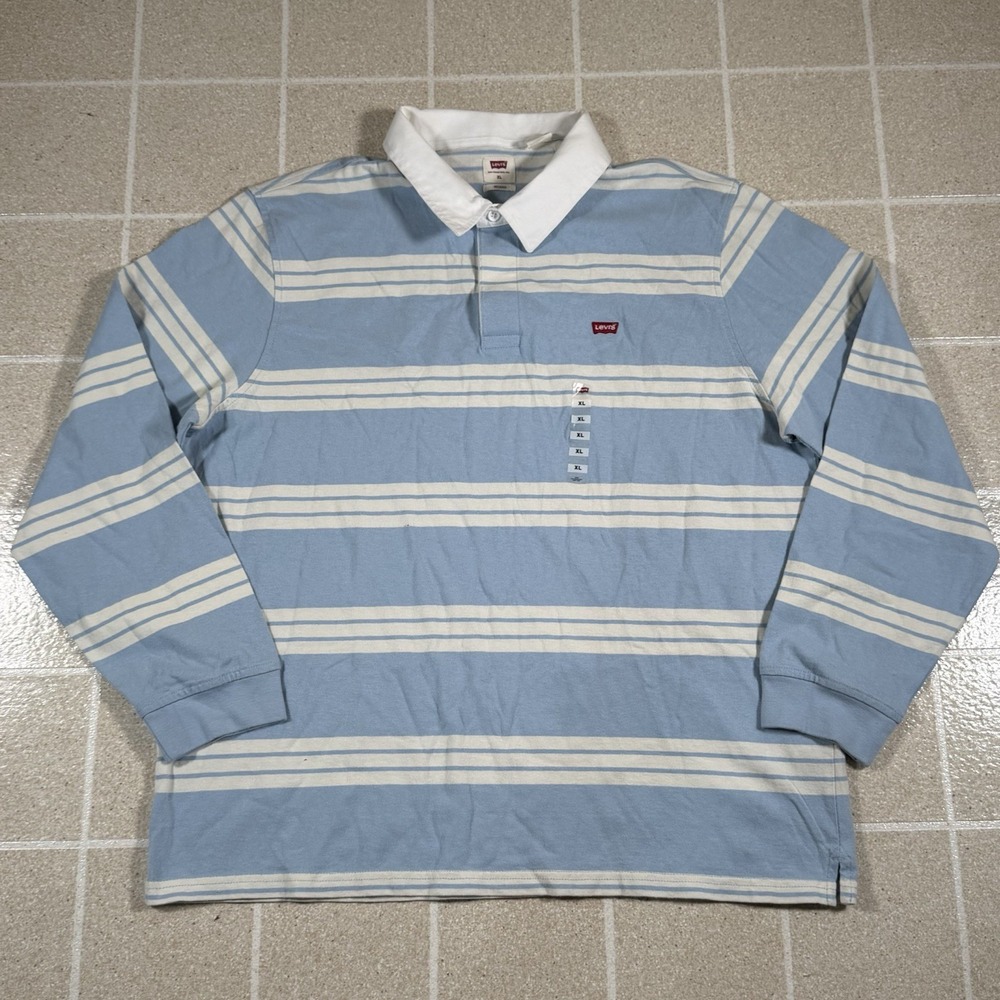 VTG Levis Rugby Shirt Men XL Blue Striped Preppy Collegiate Y2K